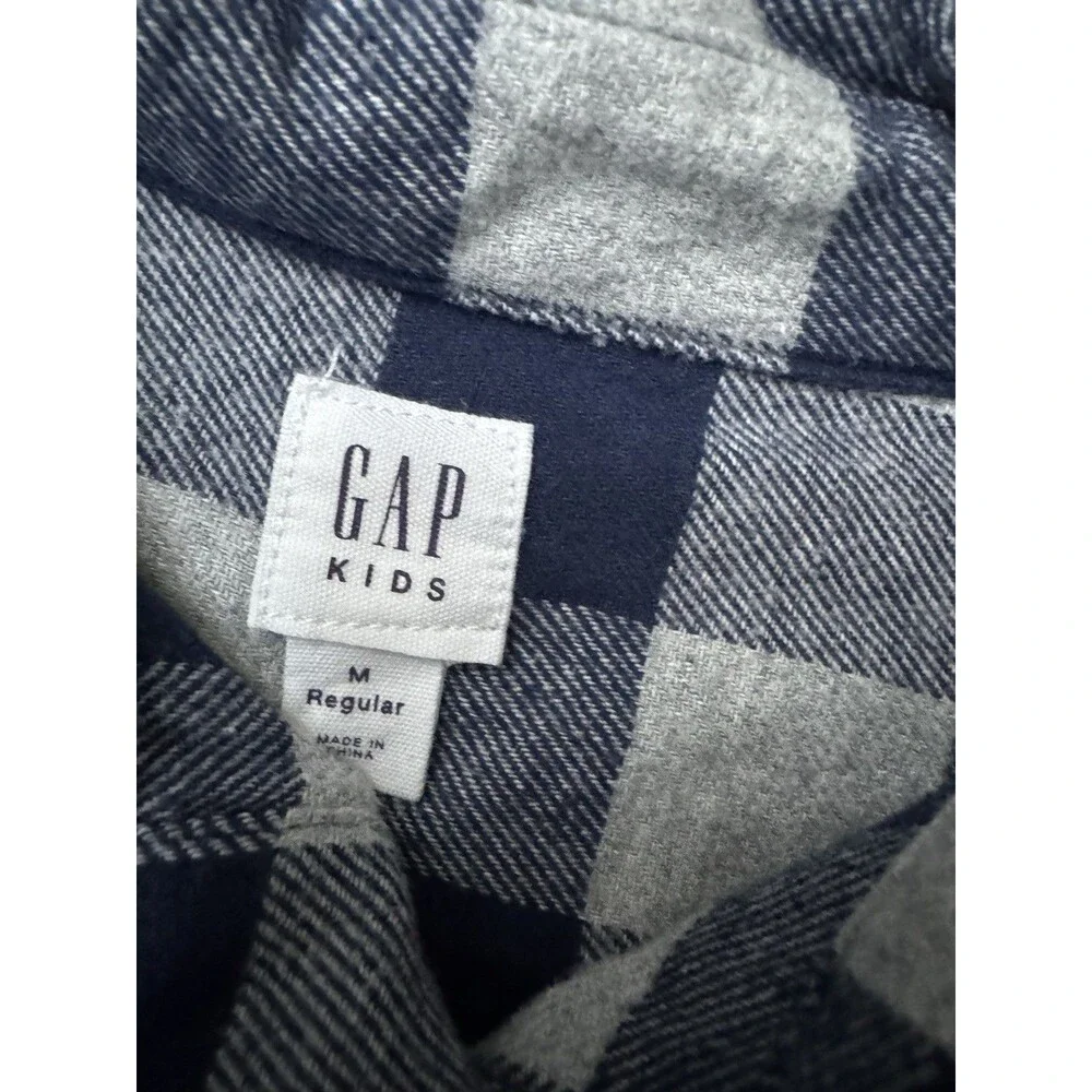 Gap Boys 8 Navy/Gray Plaid 100% Cotton Flannel Button Down Collared Shirt